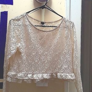 White lace crop top with lining in front, with 2 layers ruffles around waist